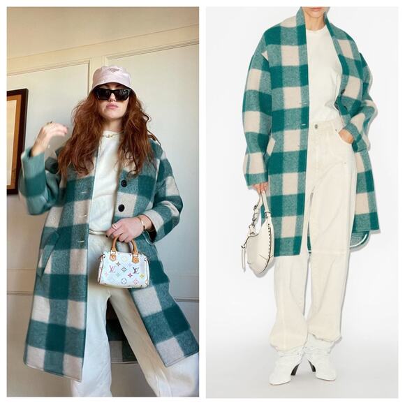 Isabel Marant Etoile Gabriel Teal Cream Checkered Wool Jacket Size FR 36 Small - Picture 1 of 11